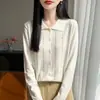 Cárdigan de Punto Base de Lana Fina Transpirable Suelto de Manga Larga para Mujer, Cuello Polo Francés con Pedrería, Suave, Esponjoso, Solapa