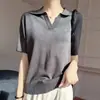 Estilo Verão Novo Tencel Linho Fio Pontilhado Feminino Gola Lapela Tricô Meia-Manga Camiseta Top Fino Pulôver