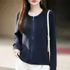 Cardigã de lã de malha fina, gola redonda, com zíper, suéter feminino, outono/inverno, texturizado, modelagem solta, manga longa, top versátil