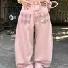 Calça jeans rosa estilo americano retrô para mulheres, nova coleção primavera/outono 2026, modeladora, moderna, casual, linha A, solta, perna larga