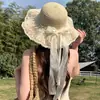 Sombrero de paja con ala ancha y tiras para mujer, estilo coreano, transpirable, para verano, playa, vacaciones, pescador