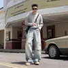 Jeans de Perna Larga Rasgado Desgastado Patchwork Lavado Retro Americano Tendência Street Style Calças Casuais Largas Compridas para Homem