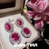 Joyas Manchadas de Vino Rosa Forma de Huevo Pendientes de Piedra Preciosa Banquete Haute Couture Polvo Rojo Pendientes Colgantes Forma de Gota Conjunto