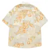 Camisa Floral Amarela Quente com Gradiente, Manga Curta, com Fita de Padrão Combinando e Pingente de Contas de Madeira, Modelagem Solta, Ombros Caídos, Camisa Tendência Unissex