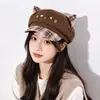 Boina Cuadros con Orejas de Gato Lindas Estilo Japonés para Mujer, Nueva Gorra Newsboy Versátil de Primavera y Otoño Que Hace que la Cara Parezca Más Pequeña