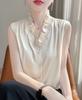 Camisa Blanca Estilo Francés para Mujer Diseño de Primavera y Verano Sentido del Diseño Estilo Extranjero Conocimiento Encaje de Oreja de Madera Cuello en V Sin Mangas Top