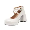 Versión de Cuero Suave~Zapatos Mary Jane Blancos Tacones Altos para Mujer Tacones Gruesos Zapatos de Salón Correa Cruzada Esenciales para Vestido de Boda Zapatos para Dama de Honor Zapatos de Boda