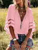 Camisa casual de verano para mujer, holgada, con retazos de malla, cuello en V, cierre de cremallera y mangas de media campana
