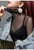 Popular Camisa Pequeña de Encaje para Mujer 2023, Cuello Alto Delgado de Malla, Camiseta Básica Negra con Estilo Coreano de Gasa