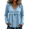 2026 Verano Nuevo Estilo Europeo y Americano Holgado Cuello en V con Flecos Manga Larga Camiseta de Color Sólido Top Casual Camisa Transfronteriza para Mujer