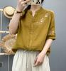 2025 Verano Nuevo Estilo Artístico Suelto Casual Camisa Bordada Manga Corta Top de Mujer Chaqueta para Fondo Casual Suelta