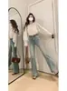 Jeans de Estilo Americano Teñidos de Barro Amarillo para Mujer, Temporada de Primavera, Tallas Grandes, Cintura Alta, Adelgazantes, de Nicho, Elásticos, Ligeramente Acampanados, Pantalones Bootcut