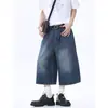 Jeans de Pierna Ancha Estilo Americano High Street para Hombre Verano Vintage Lavado Pantalones Rectos Sueltos Pantalones Cortos para Hombre