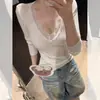Top de punto blanco con retazos de encaje estilo coreano, cuello en V, manga larga para mujer, Otoño, Único, Hermoso, Capa interior, Adelgazante, Favorecedor