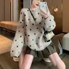 Suéter de Punto de Cuello Redondo Estilo Coreano para Mujer en Otoño e Invierno Nuevo Holgado Interior de Lunares Gris