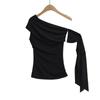 Lujuria Pura Sexy Sexy Camiseta de Hombro Inclinado con Cuello de Una Línea para Mujer Verano Nuevo Top con Volantes y Tirantes Multi-Uso