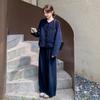 Traje de pana azul marino estilo fragante para mujer 2025 Primavera Nuevo Elegante Chaqueta Corta Pantalones de Pierna Ancha Conjunto de Dos Piezas
