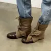 Botas Vaqueras Chuyuji de Punta Redonda Estilo Retro Wasteland Patchwork con Cordones Botas Delgadas de Tacón Bajo Botas Cortas Elegantes para Mujer