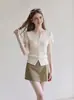 Lindo cardigã de tricô torcido na cor damasco com gola virada, blusa de manga curta, novo top de verão feminino