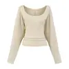 Camiseta de Manga Larga con Parches y Cuello en U Grande para Mujer, Nuevo Estilo Otoño, Cubre-Traje Hot Girl de Deseo Puro, Ajustado, Cubre-Traje Base de Color Sólido