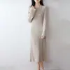 Vestido de Punto de Lana 100% Pura a Rayas de Longitud Media con Mangas de Campana para Otoño e Invierno, Prenda Base Ajustada para Mujer, Vestido de Lana hasta la Rodilla