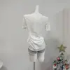 2026 Foto Real Lyocell Relaxado Padrão Floco de Neve Decote V Solto Simples Manga Curta Camiseta Top