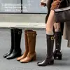 Versão em couro de vaca~Couro genuíno fivela de metal sola grossa botas longas até o joelho botas longas salto grosso botas femininas de cano alto justas botas de cavaleiro