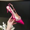 Vestido de Noite Elegante Estilo Francês Sandálias de Salto Alto com Biqueira de Strass Sandálias para Mulheres Primavera e Verão Bico Fino Cetim Branco Sapatos de Casamento Sapatos para Madrinhas