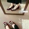 Nuevos Zapatos Mary Jane de Alta Gama para Mujer 2026 con Punta Cuadrada, Hebilla Cuadrada de Pedrería, Boca Baja, Tacón Grueso, Hechos de Terciopelo Xishi