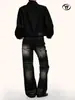 Calça Jeans Flare Preta Retro Americana Yongfang para Mulheres, Alta Qualidade, Corte Solto com Efeito Desgastado e Vintage, Calça Casual Slim