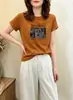 Camiseta de Algodón Acanalado para Mujer, Top de Manga Corta Ajustado Estilo Americano, Venta Directa de Fábrica
