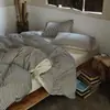 Conjunto de cama de quatro peças em algodão-linho lavado estilo wabi-sabi, capa de edredom de algodão-linho puro estilo japonês para casa de hóspedes, lençol, lençol com elástico conjunto de três peças