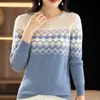 Suéter base de punto fino para mujer, patrón de rombos, cuello semi-alto, bloques de color a cuadros, 100% lana, para otoño e invierno