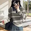 Suéter retrô em blocos de cor listrado com gola virada, estilo ins, para mulheres, novo top de malha denim descontraído outono e inverno com listras horizontais