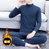 Ropa interior térmica larga para hombre y joven de terciopelo con cuello medio-alto, conjunto de pantalones interiores y camiseta interior, suéter