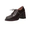 Zapatos de Cuero Suave de un Solo Color, Estilo Nuevo Primavera y Otoño, Tacones Altos, Zapatos de Cuero Negros para Mujer, Estilo Británico Casual, con Cordones, Suela Gruesa, Tacón Grueso, Zapatos para Mujer