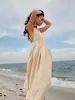 Vestido de Alça Gola V 100% Algodão Europeu e Americano Transfronteiriço 2026 Novo Estilo Elegante e Sexy Vestido de Comprimento Médio com Amarração nas Costas