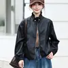 Chaqueta corta de cuero con cuello alto para mujer, nueva moda otoño 2026, elegante y juvenil, chaqueta casual cool y retro con cordón para mujer