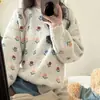 26 Suéter Pulóver Redondo Jacquard Fresco Estilo Coreano Otoño Invierno Holgado Suave Dulce Tejido de Punto Floral Top para Mujer