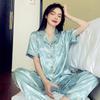 Pijama de Seda de Hielo Jacquard de Lujo Ligero de Gama Alta Estilo Ins Serie Floral, Ropa de Dormir Elegante de Manga Corta y Pantalón Largo al Por Mayor