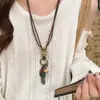 Collar vintage de trébol de cuatro hojas de la suerte desgastado, cadena para suéter artística retro de madera de doble capa, cadena para la clavícula