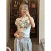 Camiseta de Manga Curta Estilo Americano Doce e Cool Menina Picante Gatinho Fofo Estampado para Mulheres, Top Cropped Slim-Fit de Verão