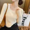 Suéter delgado de manga larga al por mayor para mujer, top de otoño e invierno, cuello cuadrado interior, camiseta interior, suéter corto ajustado para mujer