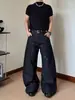 Jeans Patchwork Risca de Tinta Salpicada Cimitara Estilo Retrô Americano Desconstruído para Homens e Mulheres, Design de Casal, Calça Larga Solta