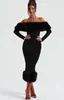 Vestido Elegante com Gola de Pelo Transfronteiriço Europeu e Americano 2026, Ombro a Ombro Manga Longa Slim Fit Bodycon Vestido Longo com Fenda