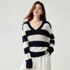 Estilo Otoño e Invierno Retro Americano Bloque de Color Rayado Cuello en V Cachemir Suave Agradable a la Piel Holgado Perezoso Versátil Tejido