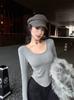 Camiseta de manga larga con cuello en U y costuras de encaje calado en la espalda para chica sexy de otoño e invierno, camisa de base interior para mujer con forro polar