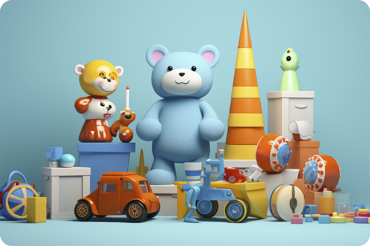 Brinquedos importados da China, incluindo pelúcias, veículos e brinquedos infantis, representando produtos sujeitos à certificação INMETRO.
