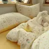 Conjunto de cama de quatro peças em gaze de algodão puro de camada dupla Classe A, capa de edredom 100% algodão, lençol de cima, capa de edredom, lençol com elástico, conjunto de três peças para dormitório estudantil 3