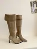 Botas altas de tacón alto con punta de ante caqui de tacón de bloque para mujer, nuevo estilo primavera y otoño 2026, botas altas de montar ajustadas